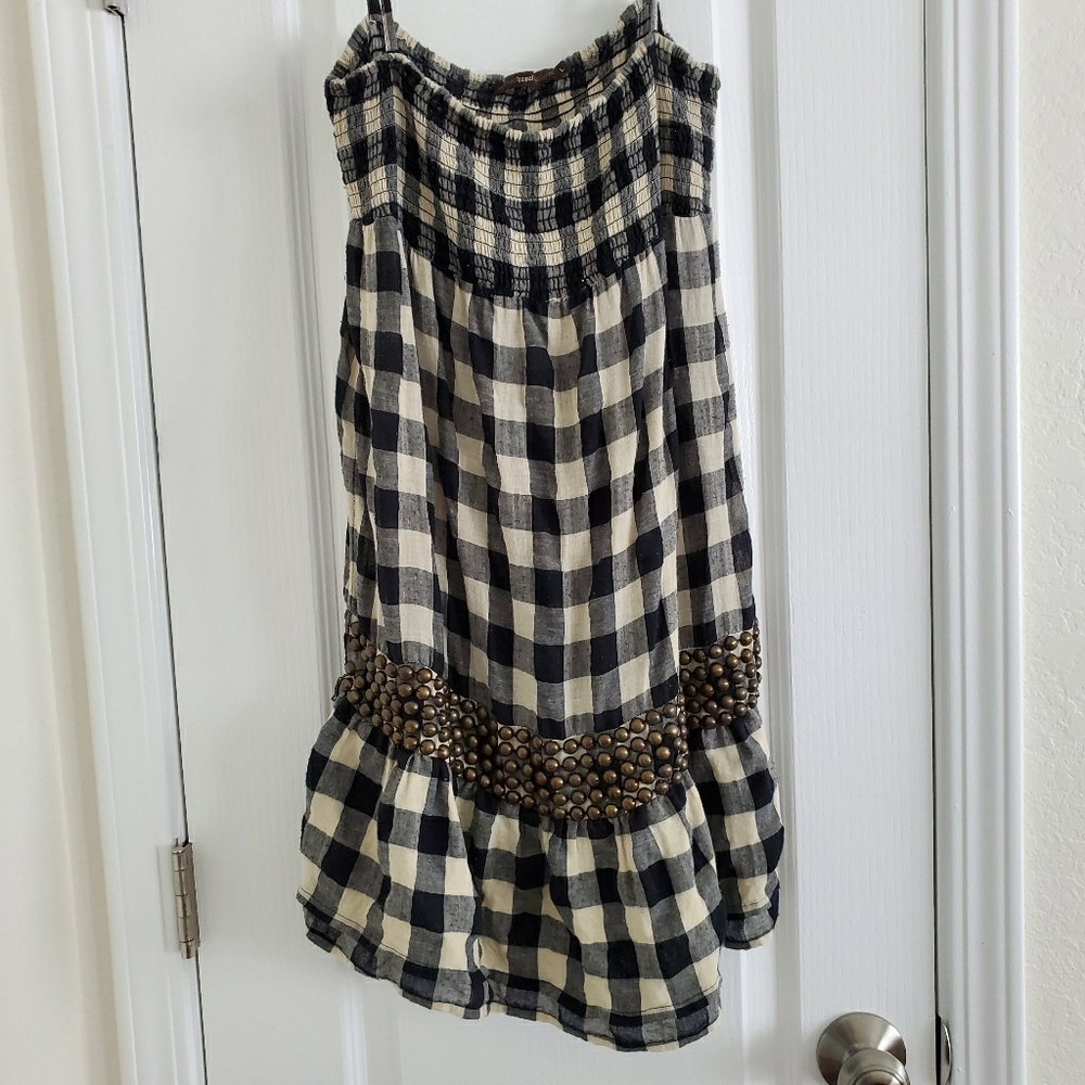Cream black checkerboard spaghetti strap.